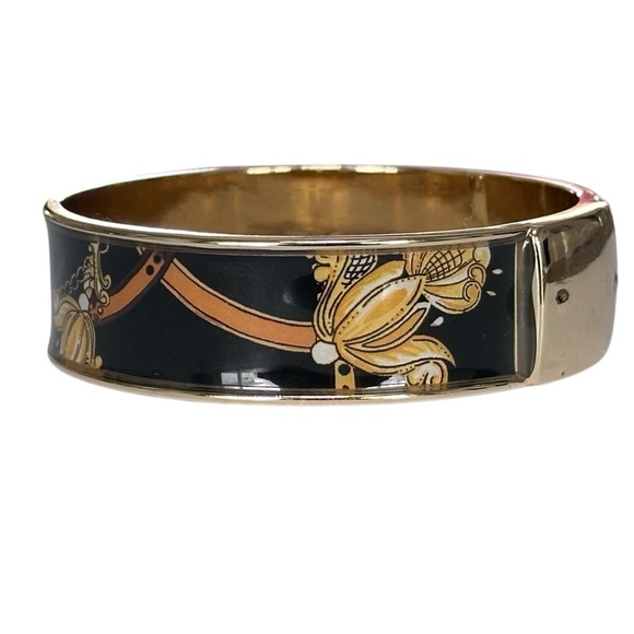 CHICO’S Gold Tone Hinged Bangle Bracelet Floral Chain Motifs Black White - Picture 2 of 6